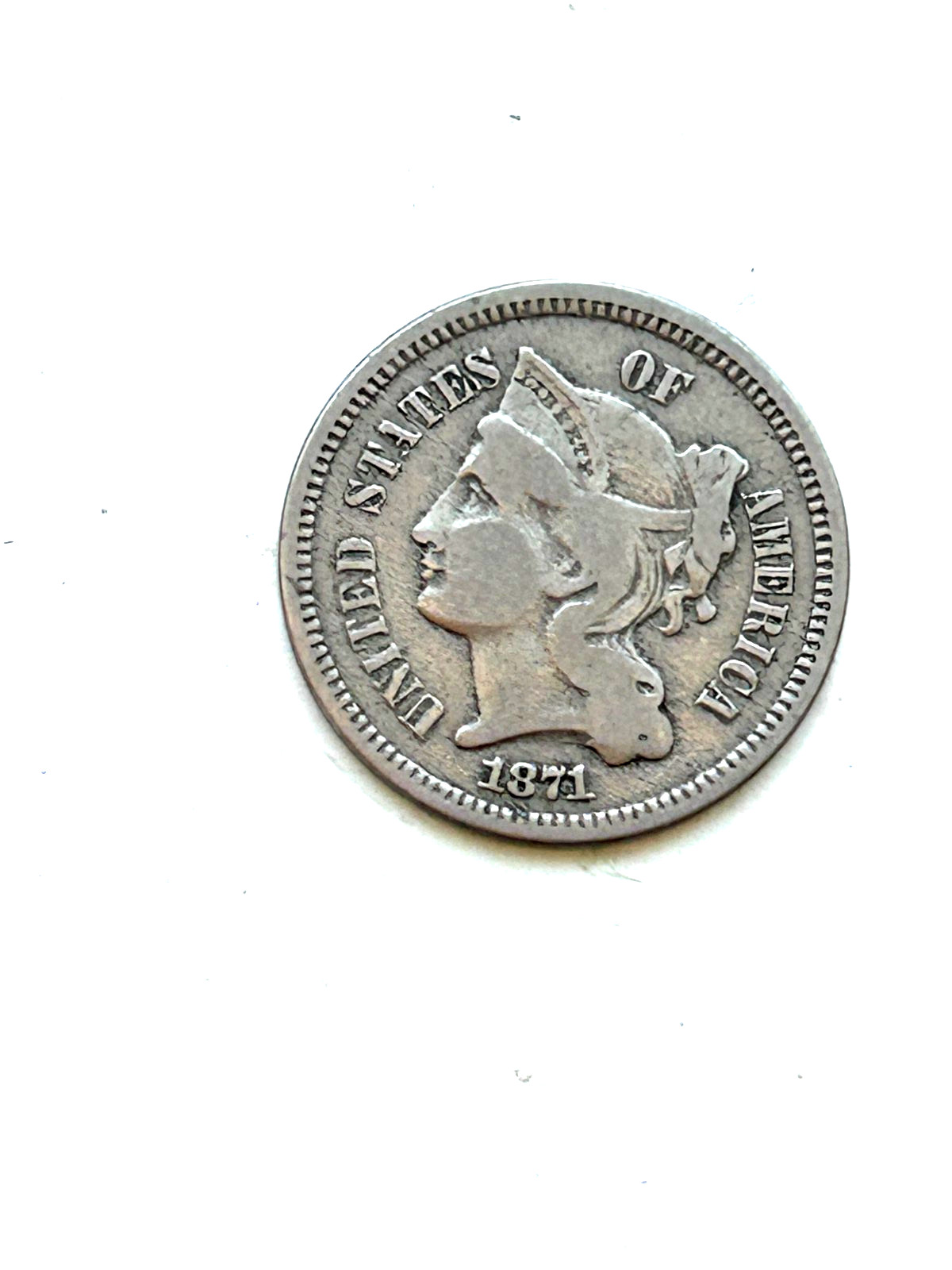 1871 Three Cent Nickel Piece 3C Ungraded Circulated US Type Coin TOUGH DATE