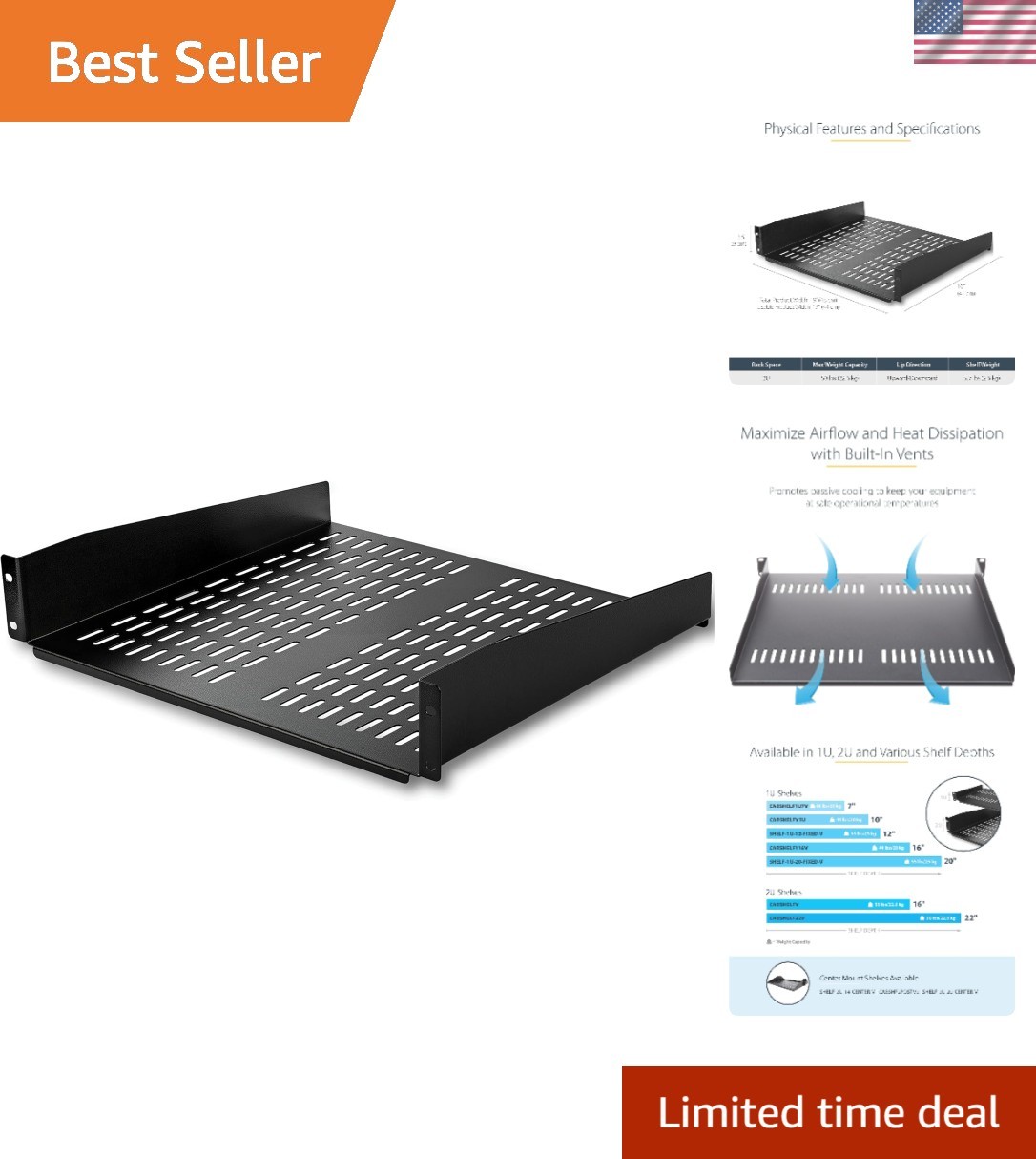 2U Server Rack Shelf - Universal Vented Rack Mount Cantilever Tray for 19" Ne...