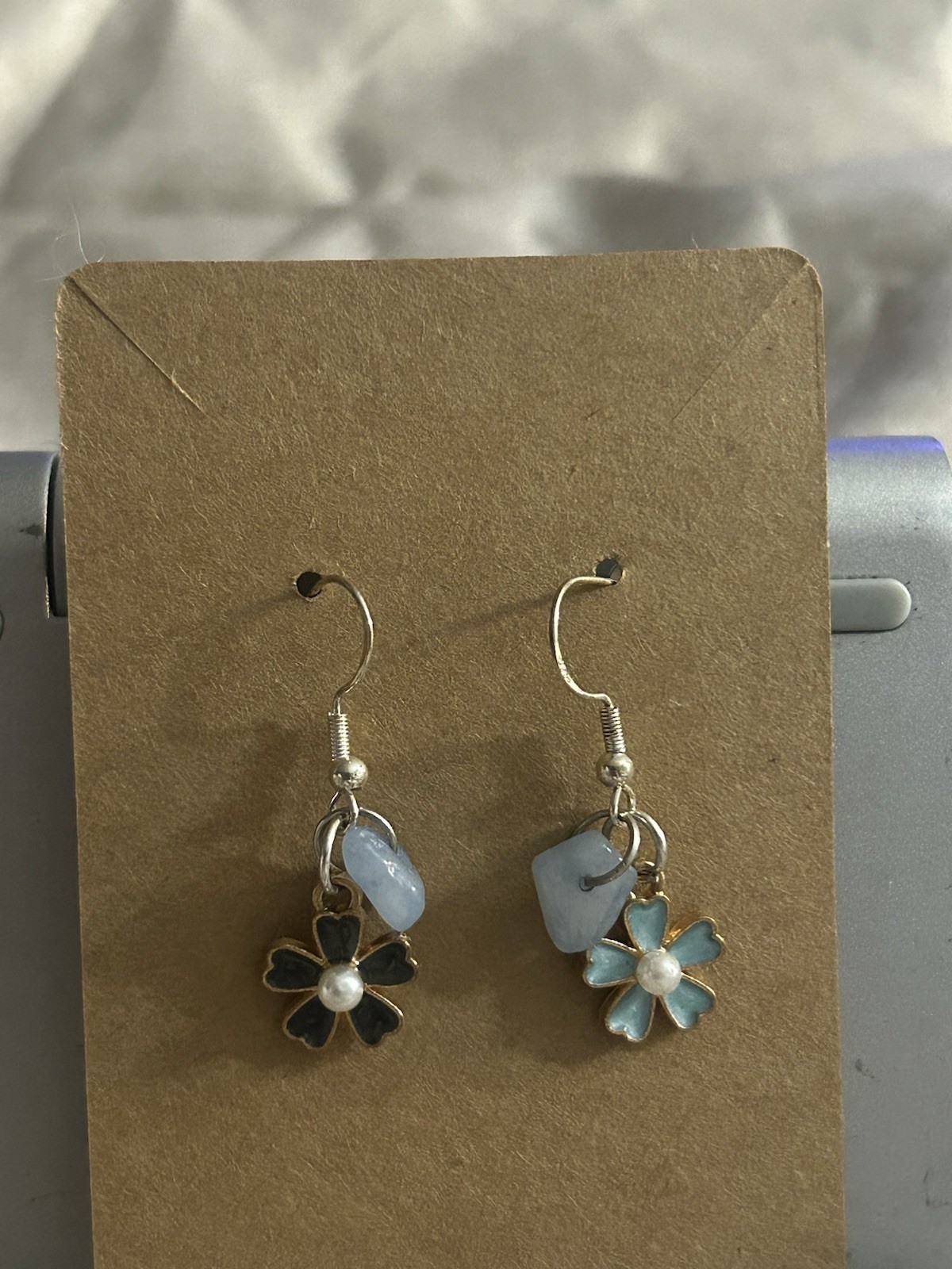 Handcrafted Flower Dangle Earrings Blue Metal Bead Beaded Floral Design
