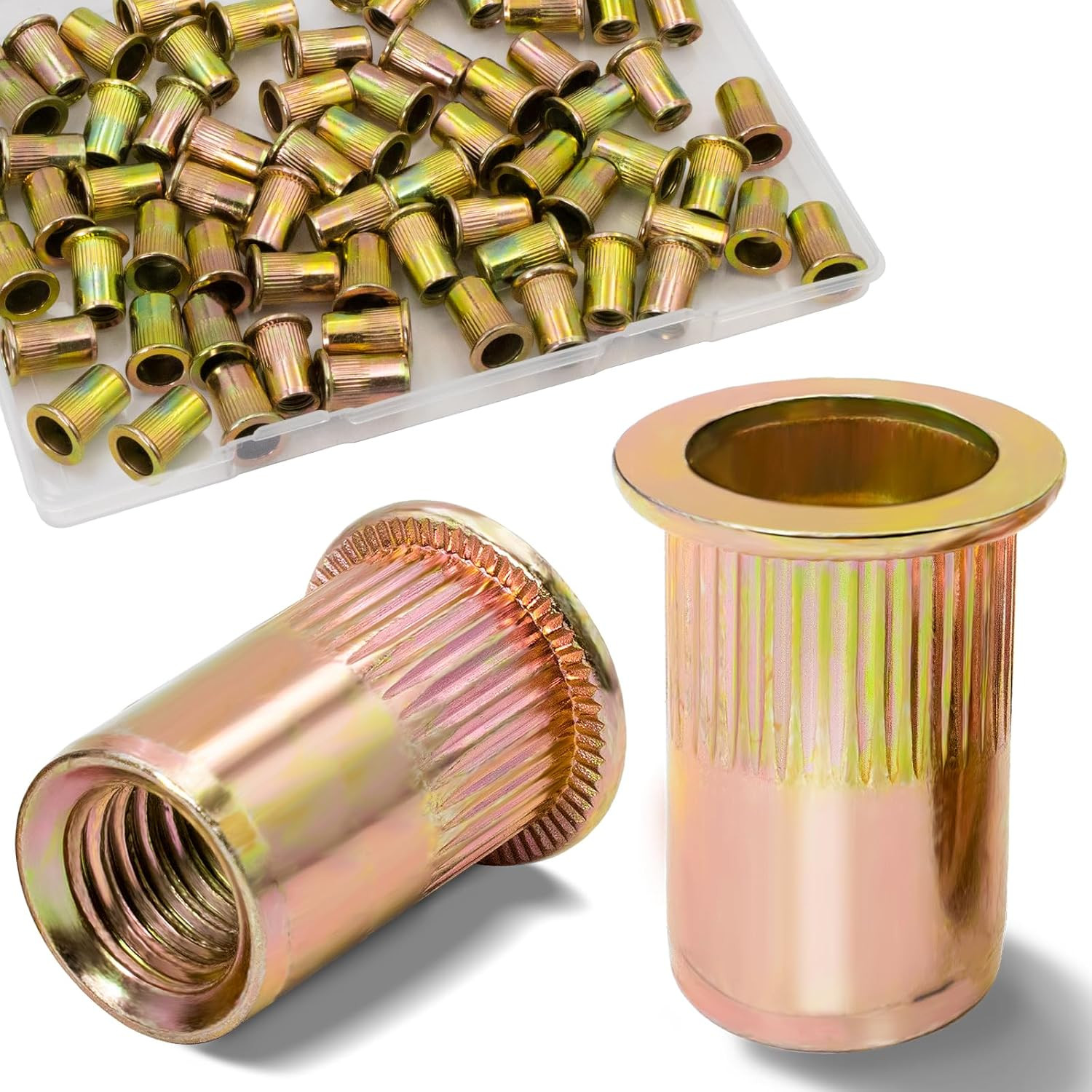 70Pcs M8 Rivet Nuts, Metric Zinc Plated Finish Carbon Steel Flat Head Threaded I