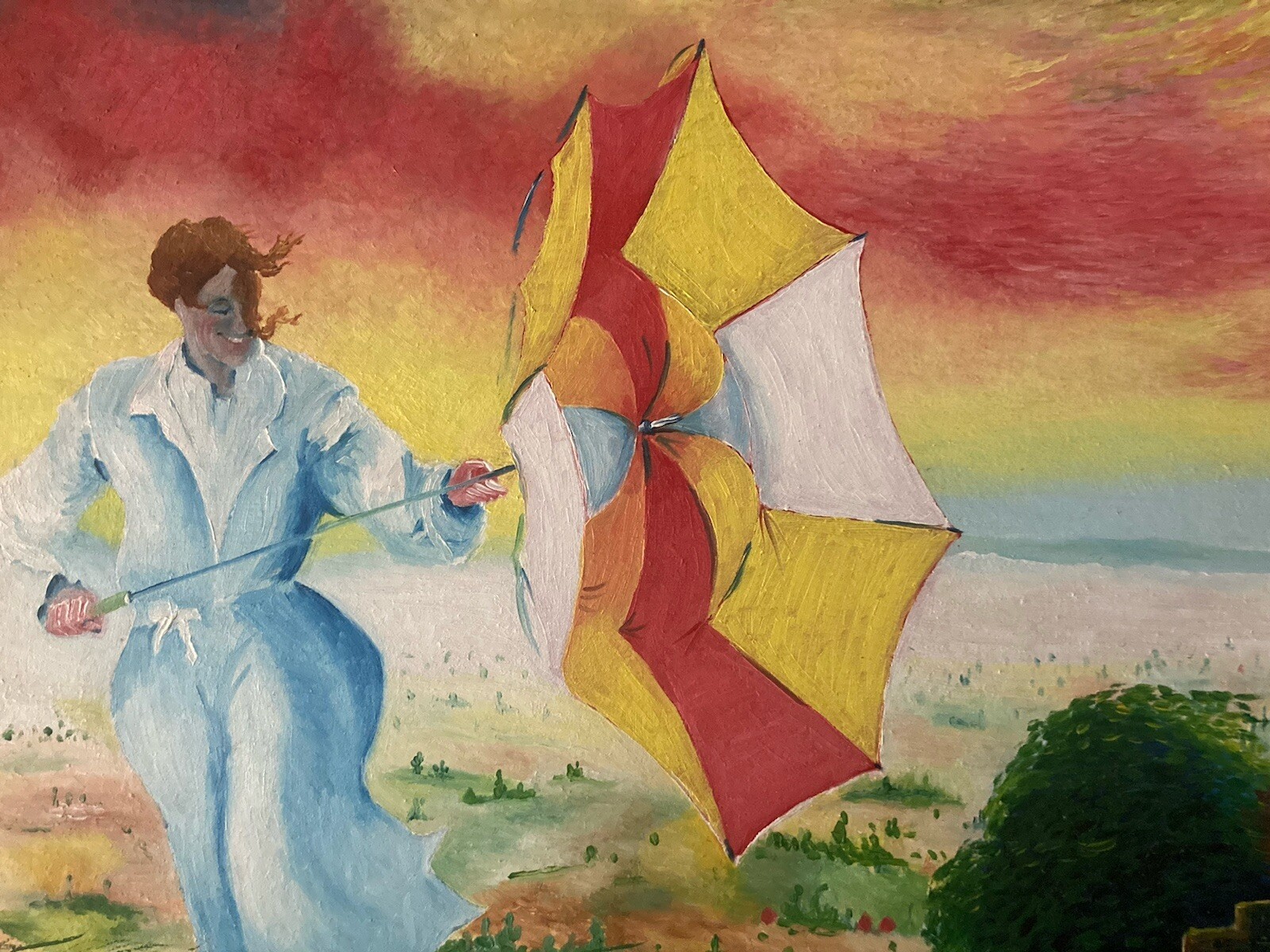 Peinture Huile Sur Toile Portrait Paysage Surréaliste Surréalisme Parapluie 1980