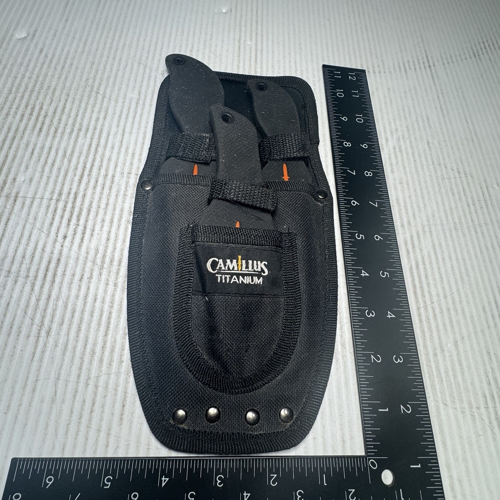 Camillus Titanium Flat Handle Hunting Knife Set Lot w/ Pouch Guthook Skinner