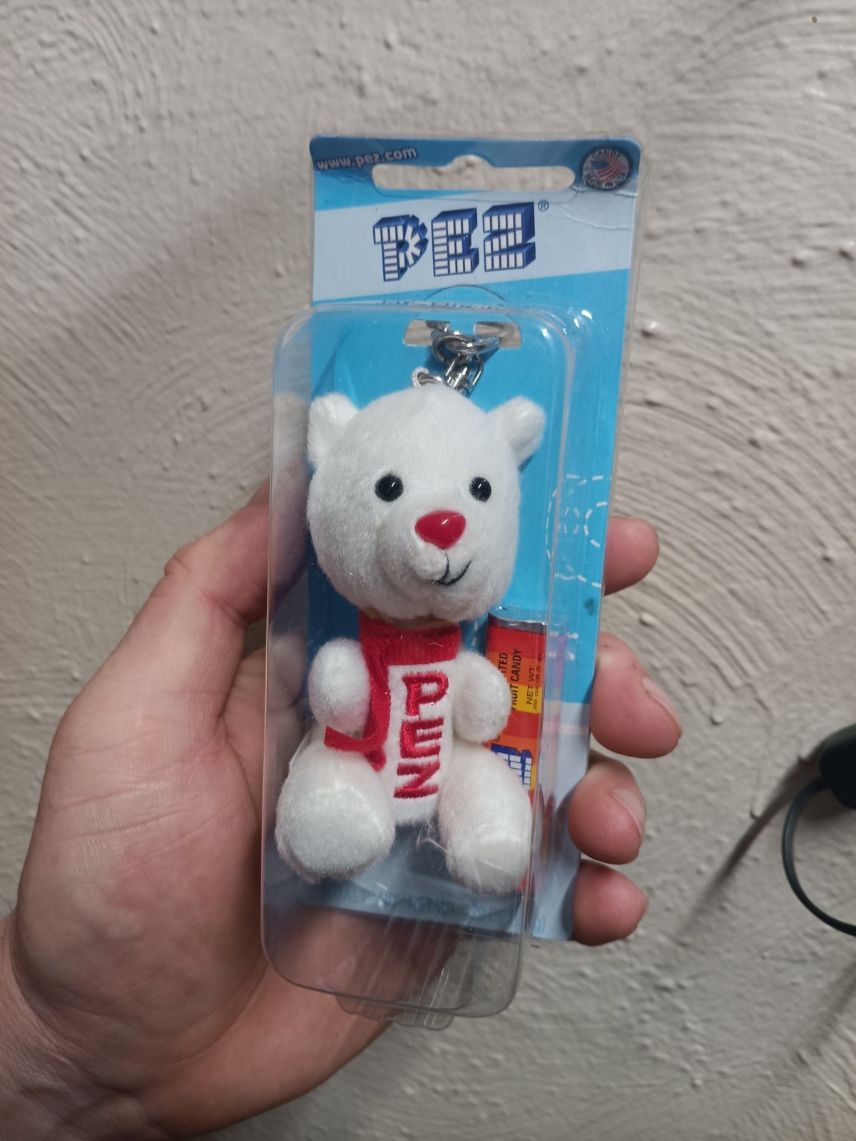 Vtg Key Chain, Christmas Bear, PEZ Dispenser Fuzzy White Teddy Bear, NEW in Pkg