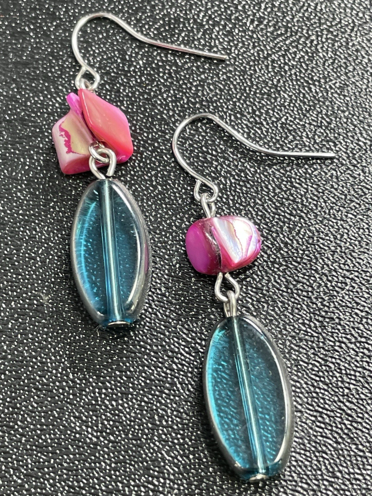 Vintage 1.8” Pink Mother Of Pearl & Blue Lucite Dangle Earrings