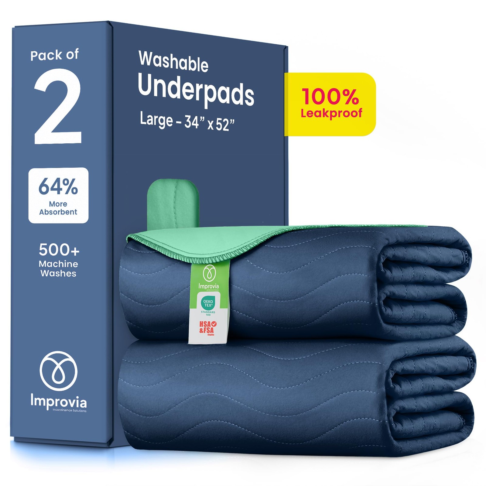 Washable Underpads 34 x52 Pack Waterproof IMPROVIA Heavy Absorbency Reusable
