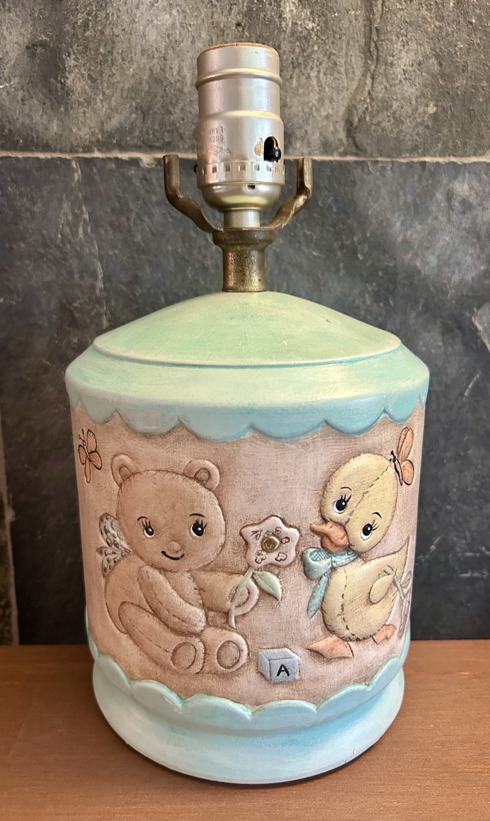Vintage Nursery Lamp Teddy Bear & Duck Hand-Painted 10.5" Base Only No Shade