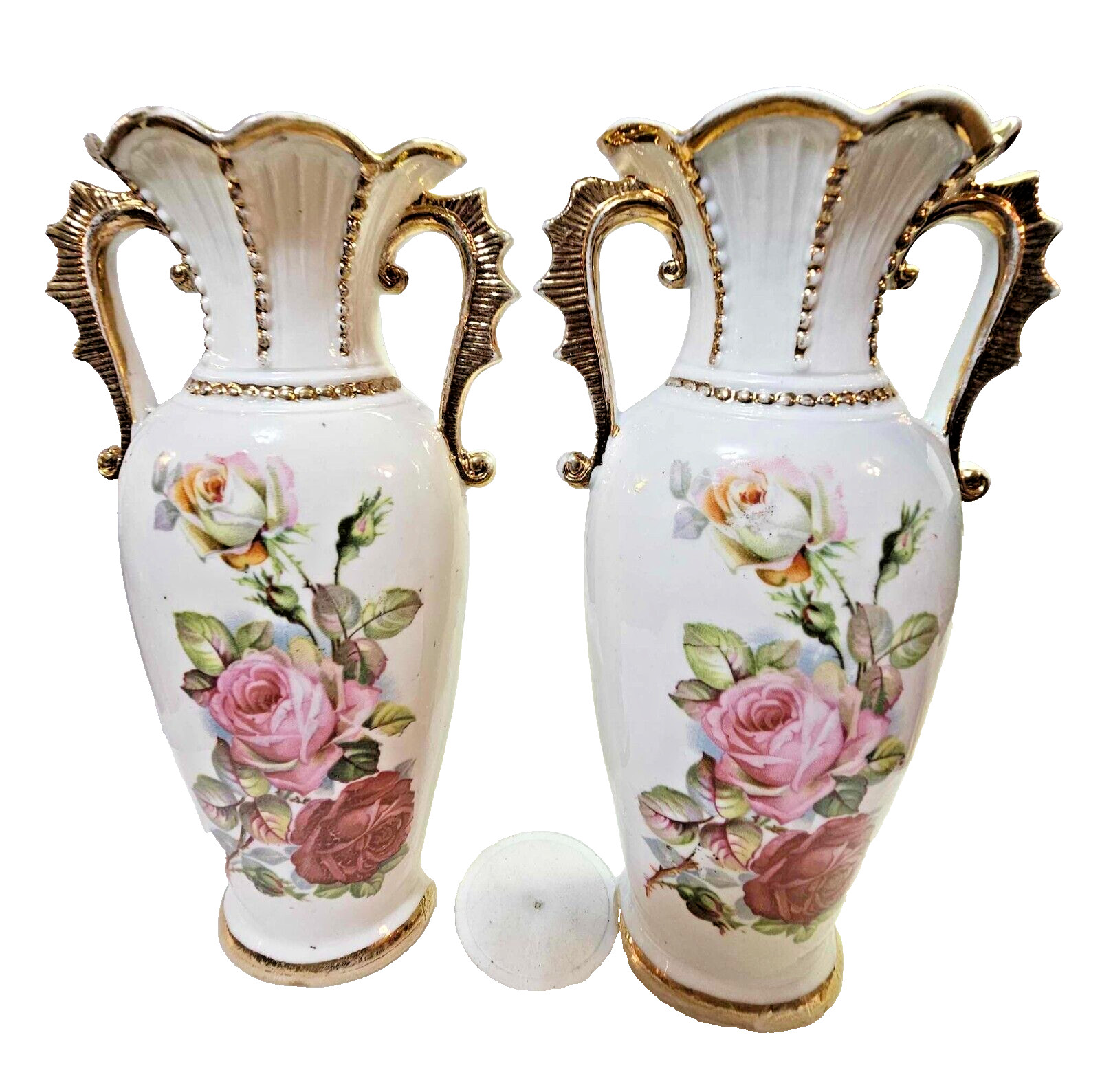 2 Ceramic Vase w/ Handle Pink roses White Gold - READ- G5