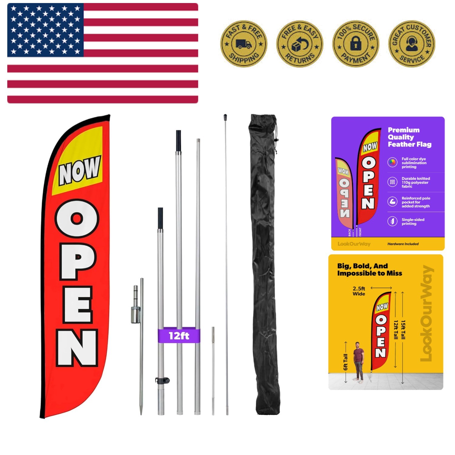Feather Flag Pole Kit - 12 Feet Tall Advertising Flag Banner with Fiberglass ...