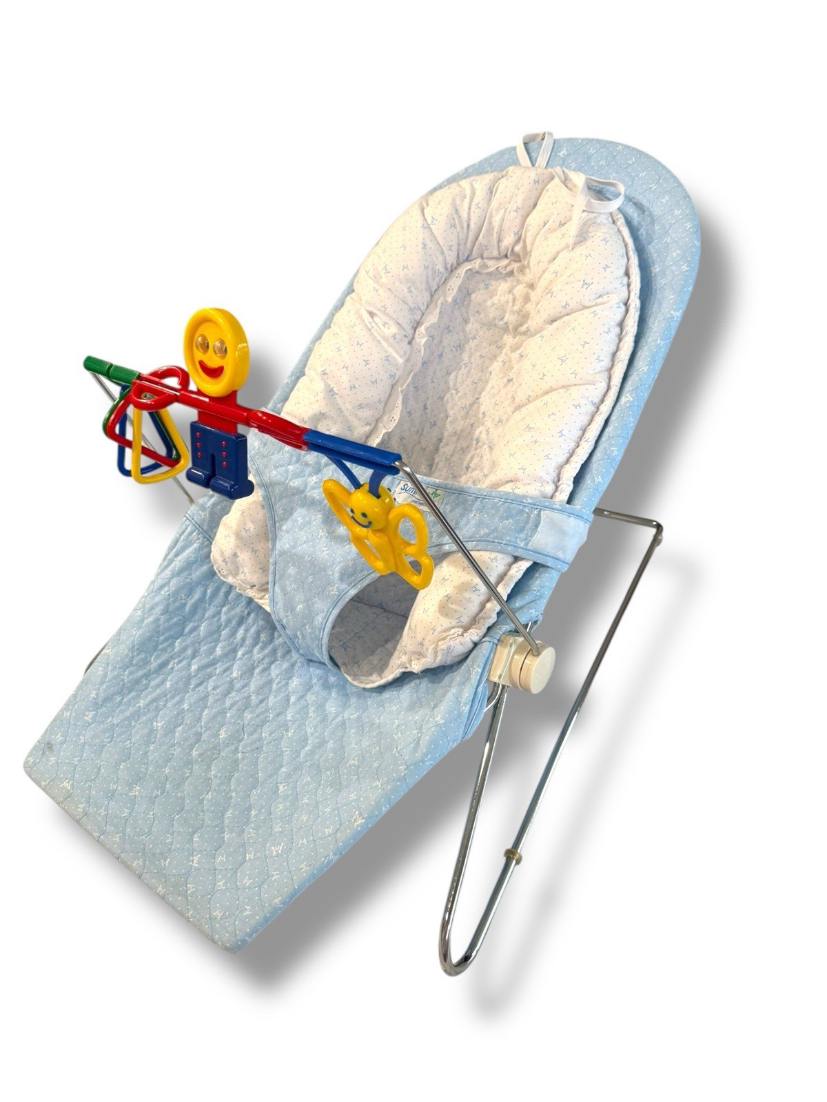 Vintage 80's Summer Basic Blue White Infant Baby Bouncer Seat Spinning Toys