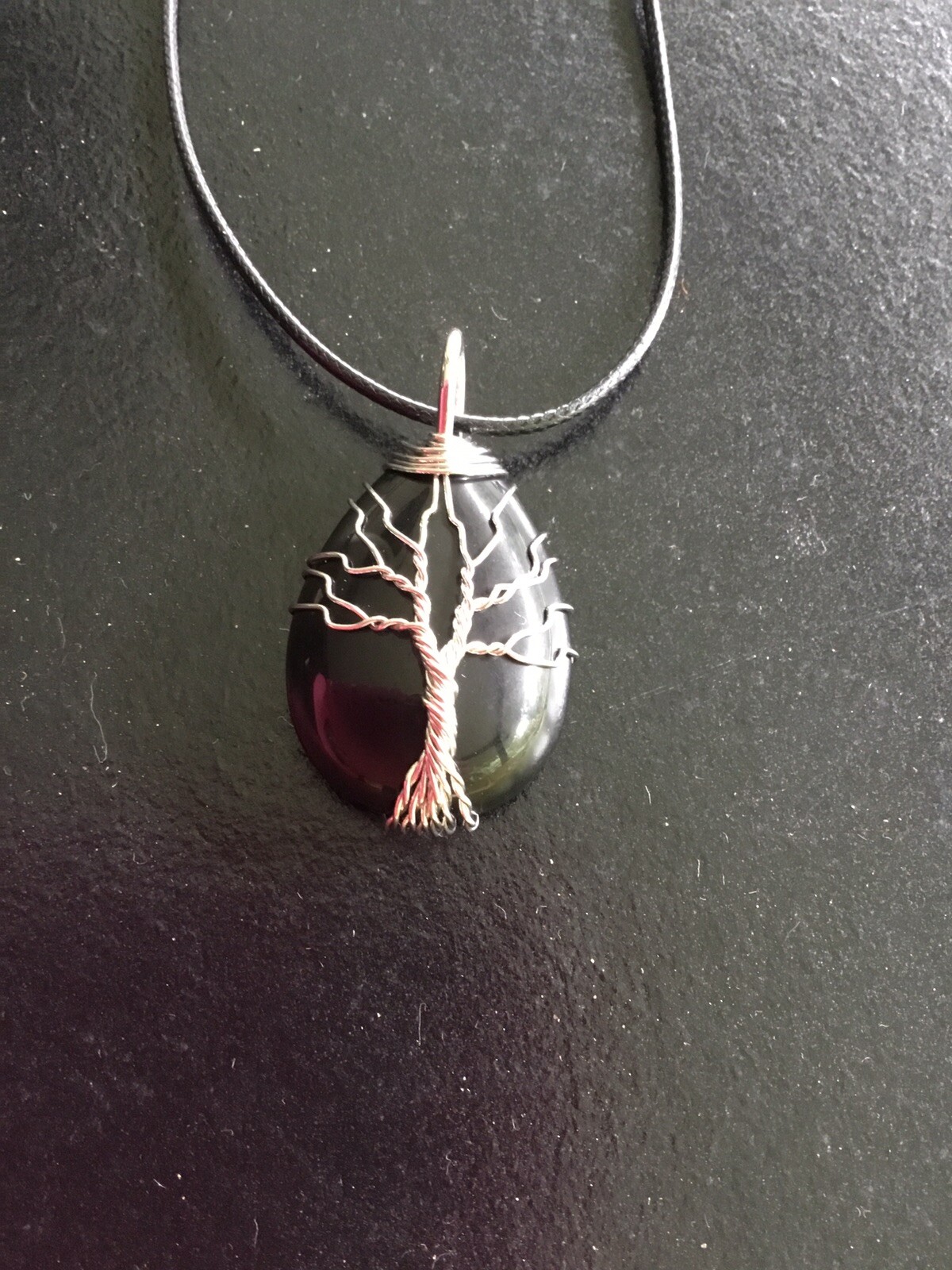 Natural Black Obsidian Gemstone Tree Of Life Pendant with leather cord necklace