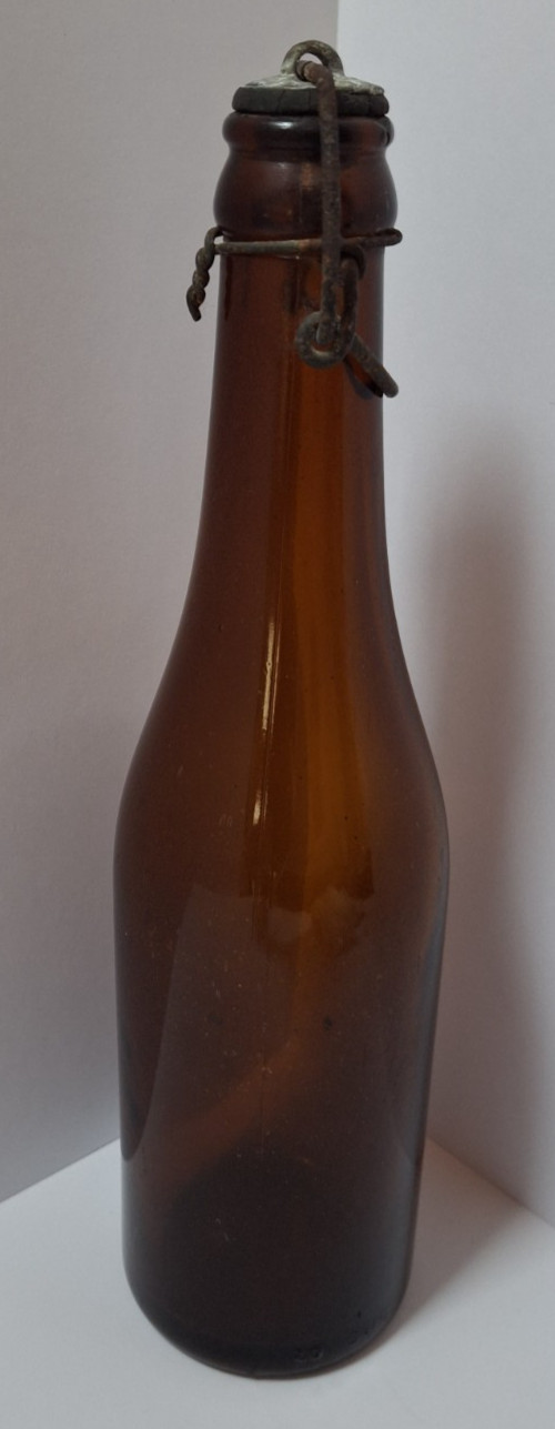 Vintage Amber Glass Bottle w/Stopper & Wire Latch