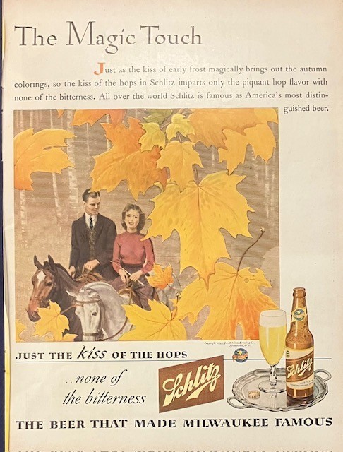 1944 Vintage Original Large Schlitz Beer Couple Riding Horses Equestrian Neat AD