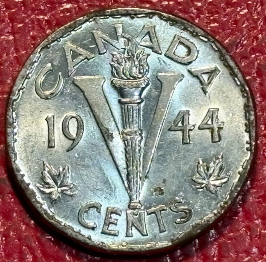 HIGH GRADE UNC DETAILS VICTORY 1944 CANADIAN CANADA 5 CENTS-SPOTTING-NOV373