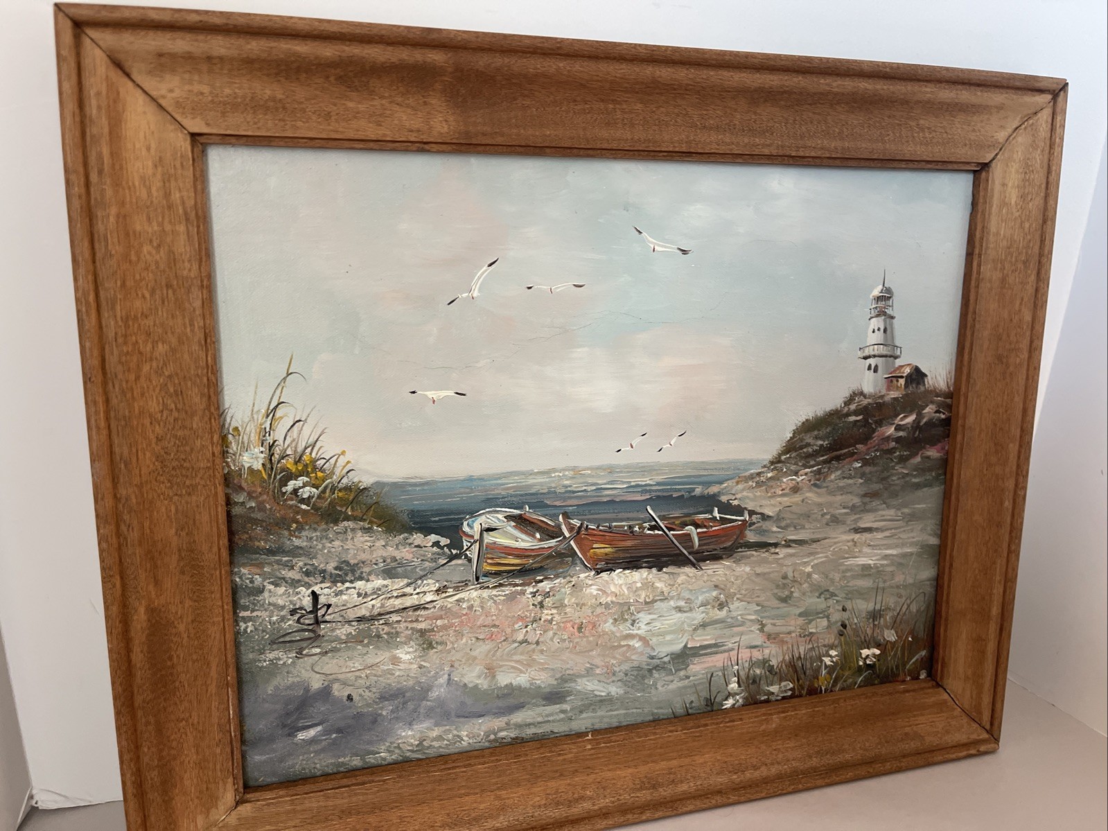 Coastal Seascape Painting Framed Boat Lighthouse Seagulls Canvas Art