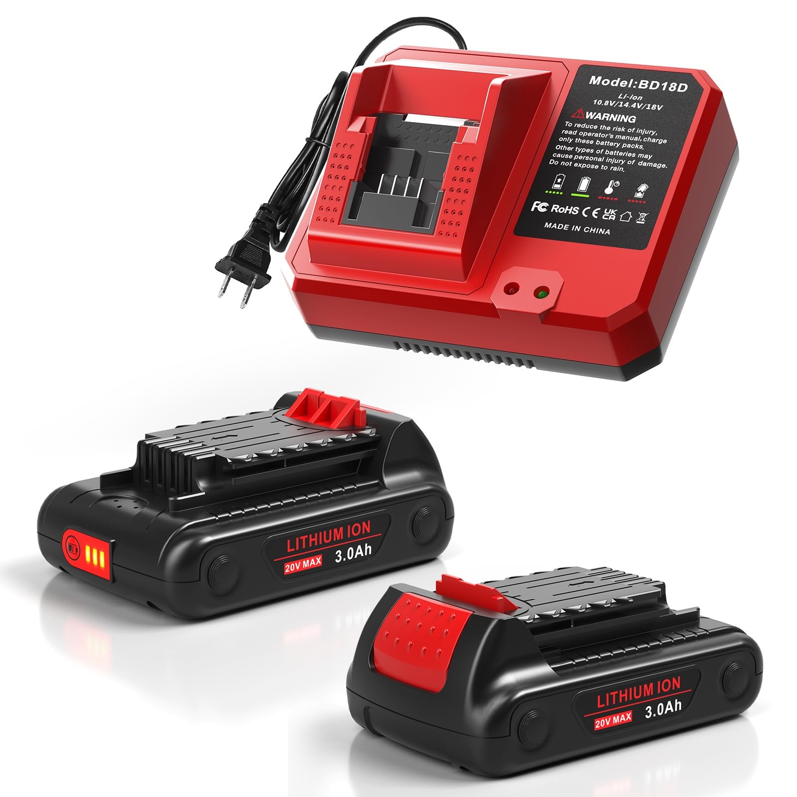 Amityke 2 Packs 3.0Ah Replacement 20V Lithium Battery with Charger for Red 