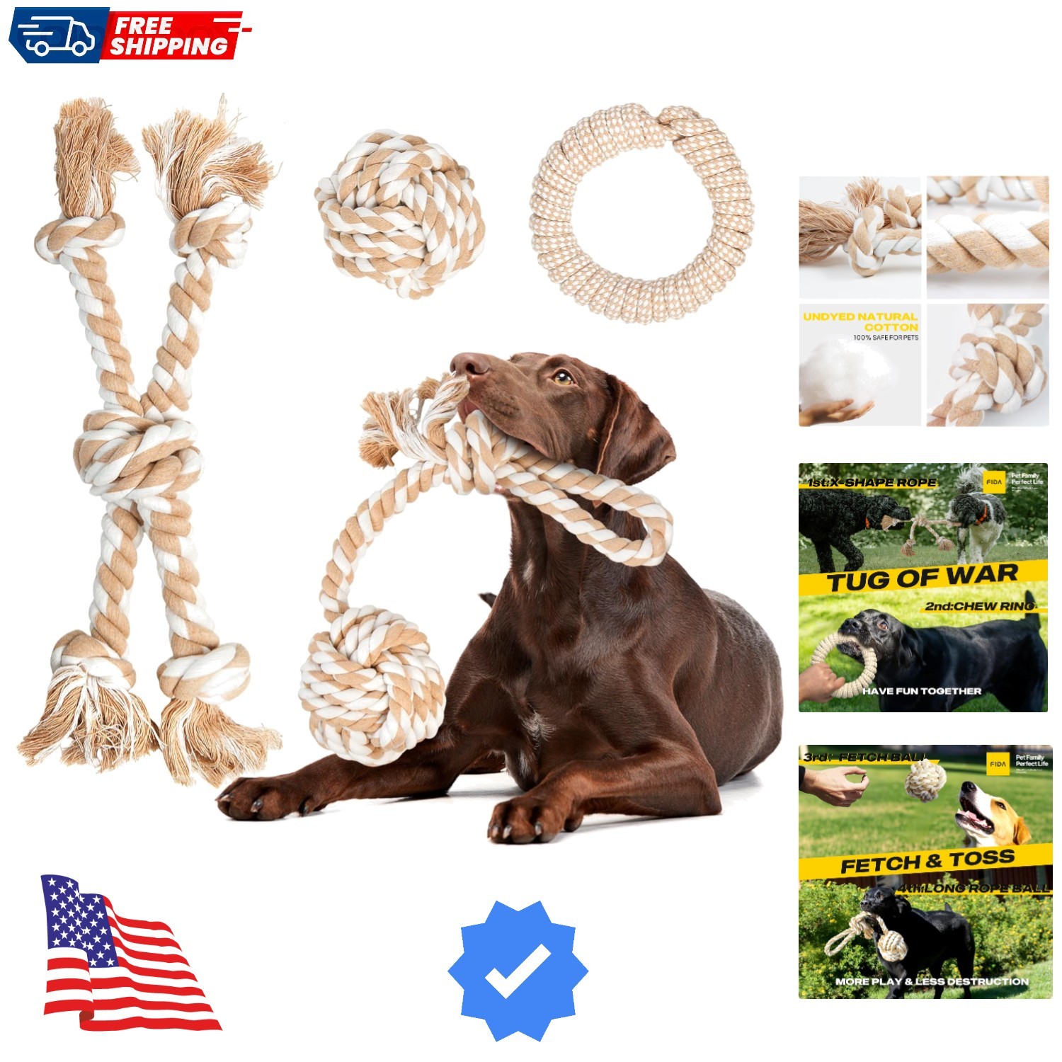 Heavy Duty Dog Rope Toys for Aggressive Chewers 4pcs Pack – Natural Cotton Do...
