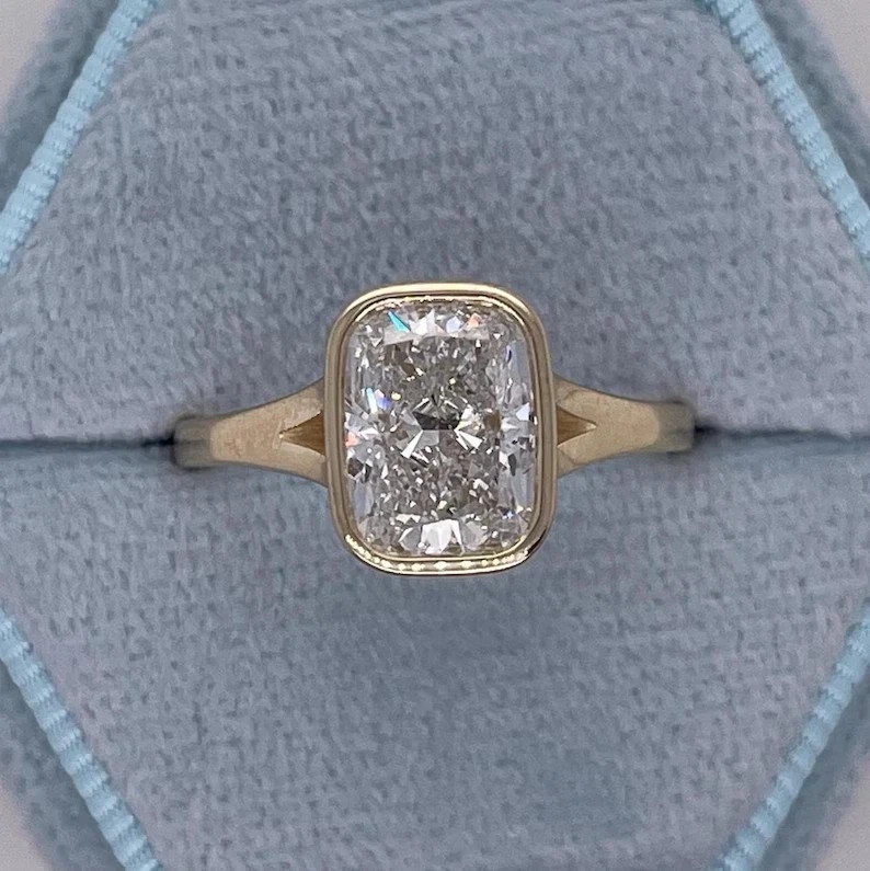 3Ct Cushion Lab Created Diamond Stunning Bezel Set Ring 14K Yellow Gold Plated