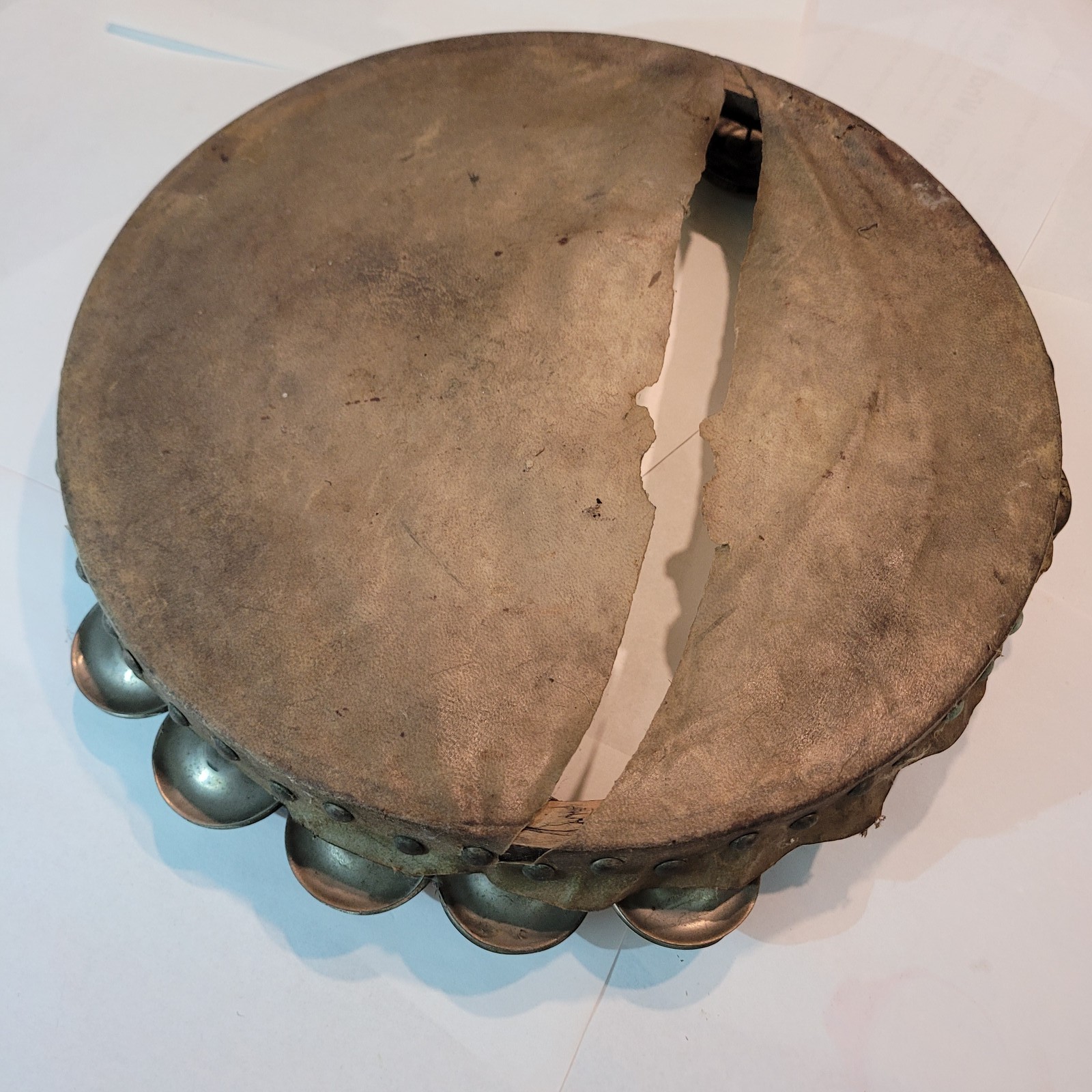 Vintage Wood Tambourine with Metal Jingles - Torn Skin Head - Restoration