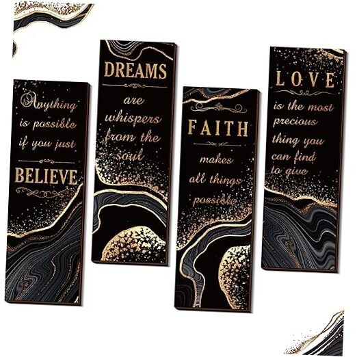  4 Pcs Golden Bathroom Wall Decor Inspirational 14.2 x 4.72 Inch Black and Gold