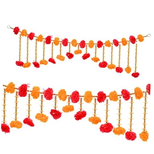Artificial Marigold Fluffy Flowers with Moti Garlands Door Toran 
