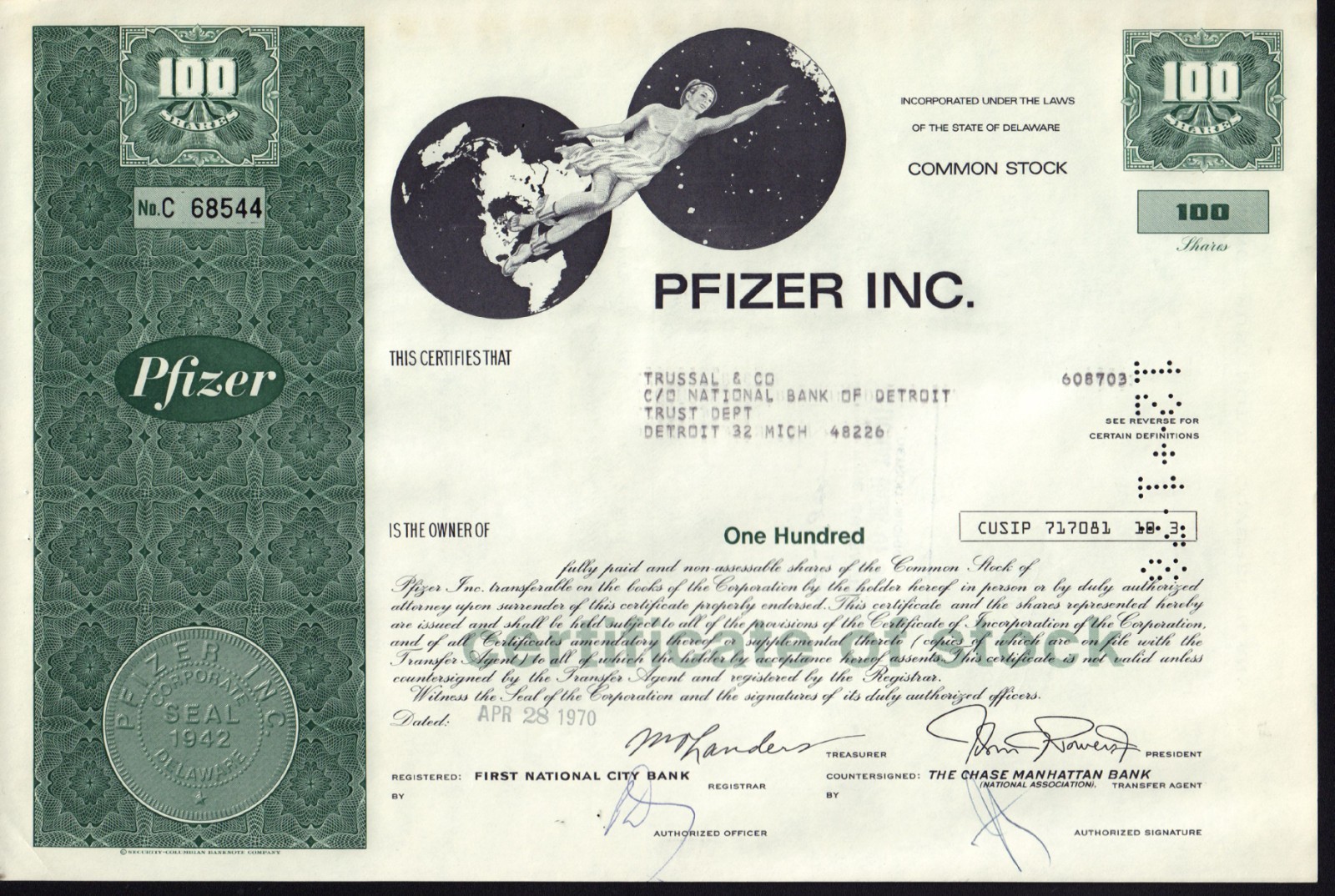 PFIZER INC NEW YORK NY- 100 shares   - Payee : Trussal & Co  * RARE NEW STYLE