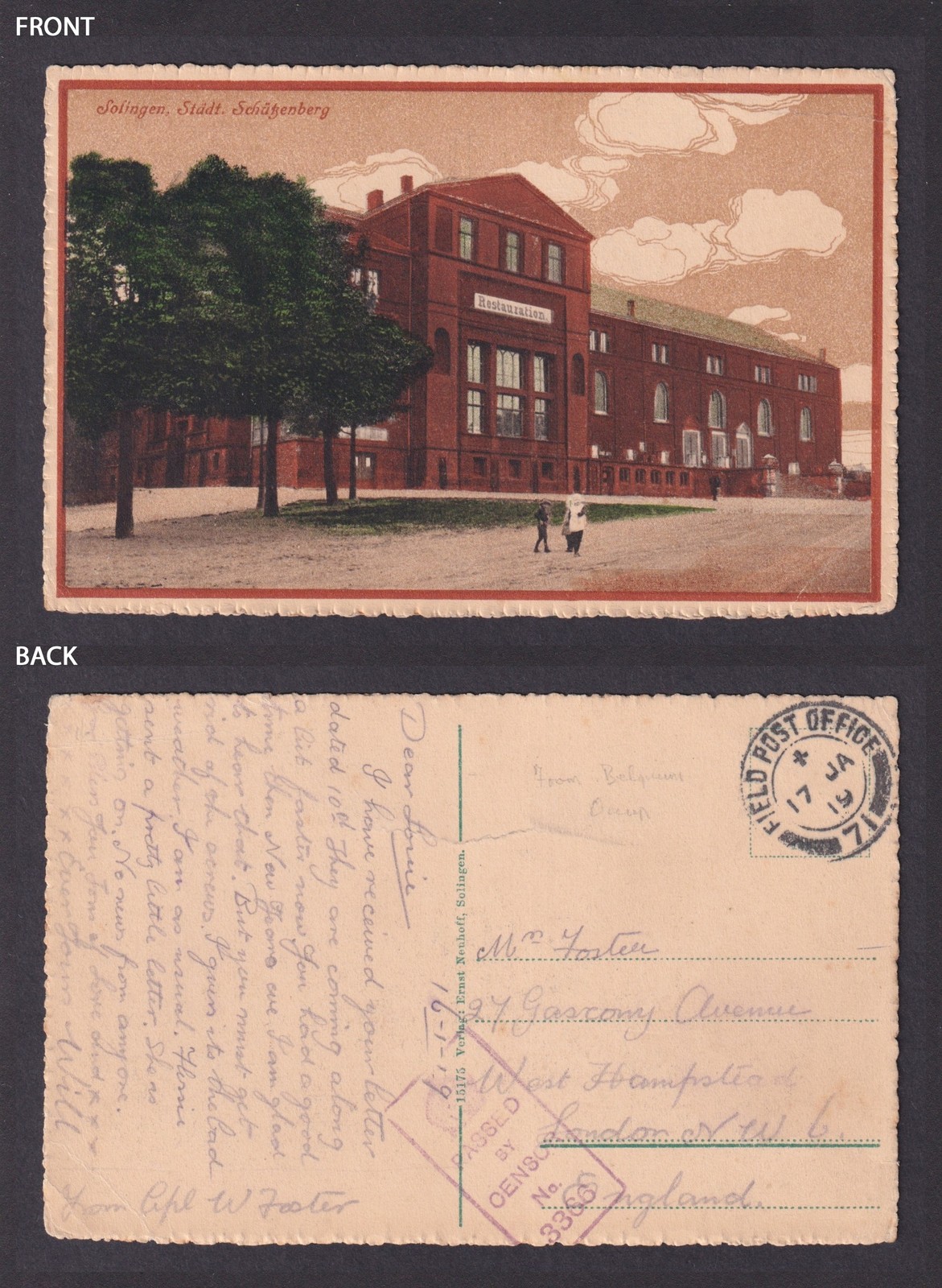 GREAT BRITAIN 1919, Postcard WWI, FPO 71, Censored