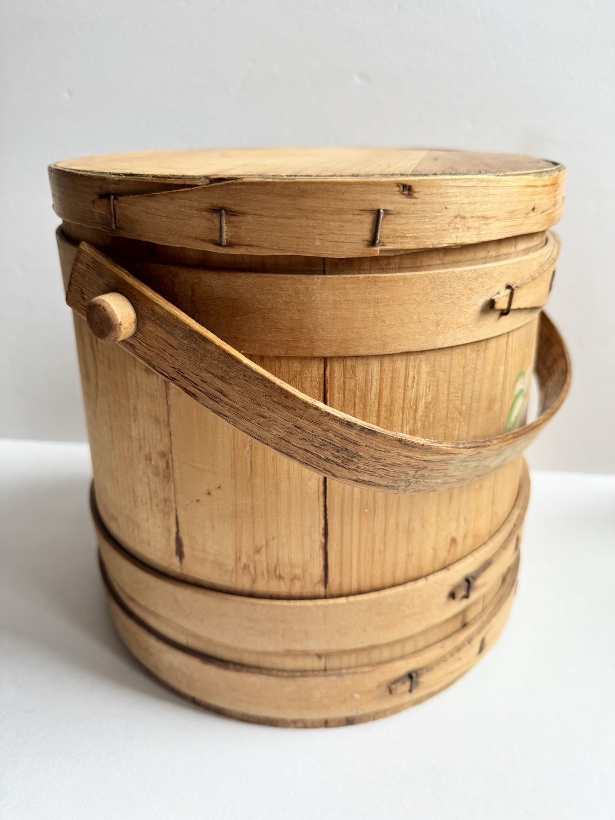 Antique Vintage Wood Firkin 10” Sugar Bucket with Swing Handle & Lid Primitive