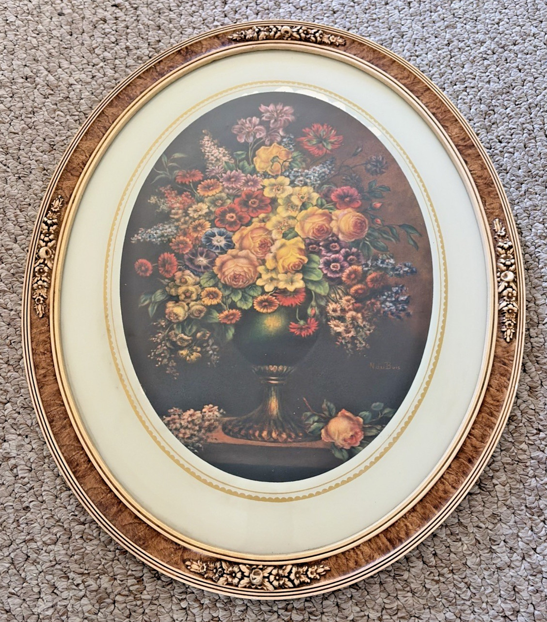 Vintage N. Dubois Floral Still Life Print on Masonite 18 x 22 Ornate Frame MCM