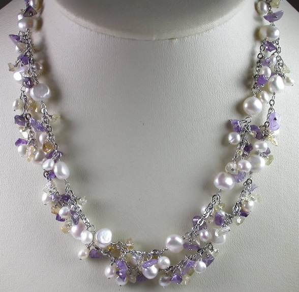Necklace & Earrings 2 Strands of Pearls Amethyst & Citrine Chips Sterling Silver