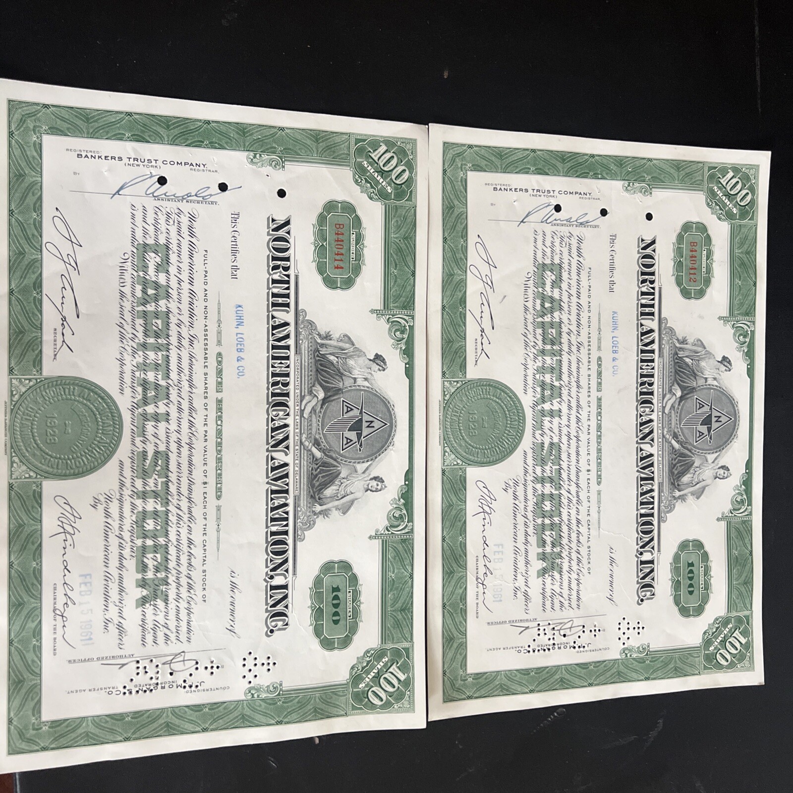 North American Aviation 2Cancelled Stock Certificate. Kuhn,Loeb,Co. 100 Shares