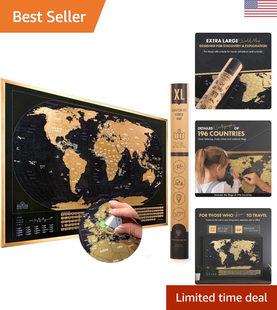 Travelers' Scratch Off World Map - XL 36" x 24" with 196 Flags & Gold Design