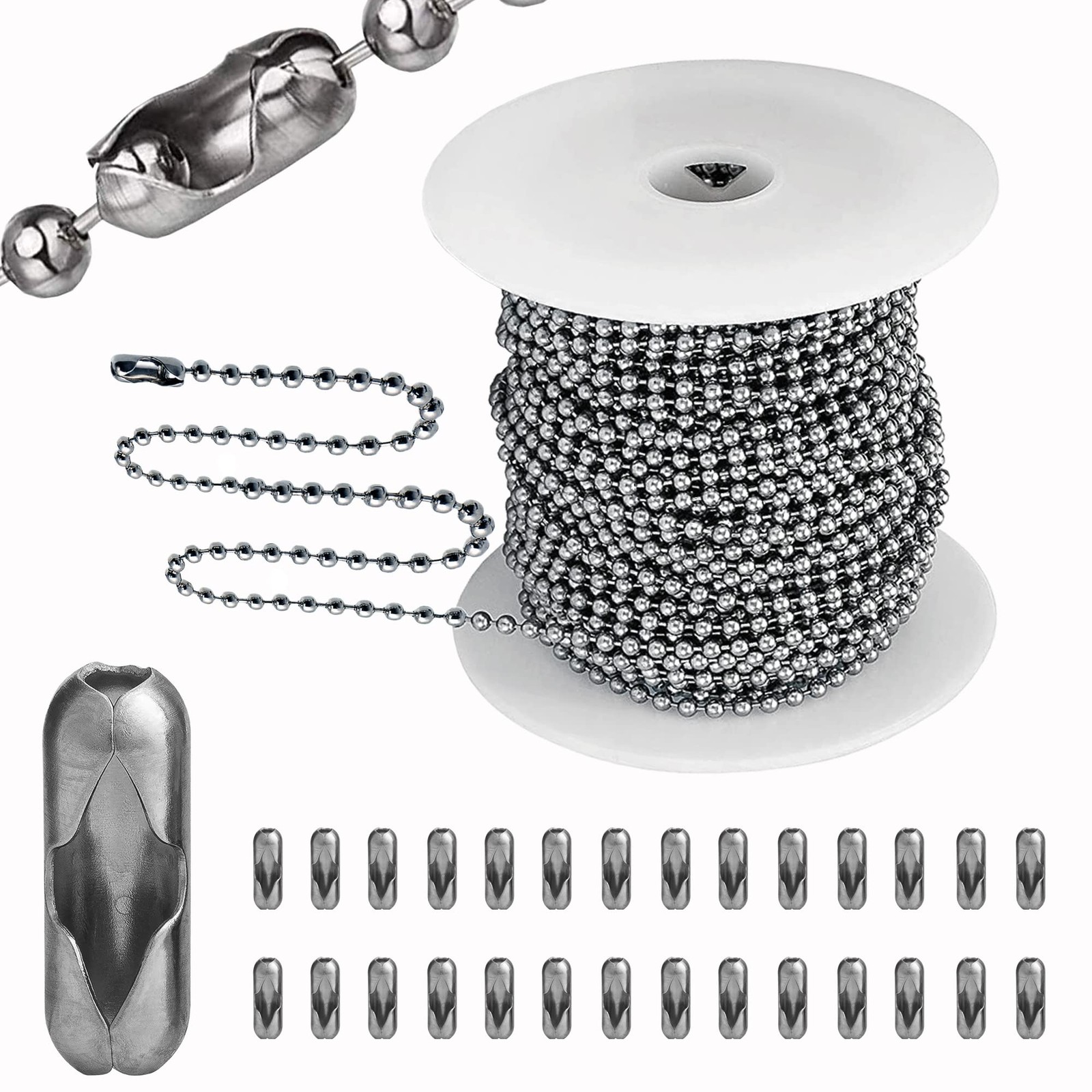 Stainless Steel Ball Chain, 55ft Bead Chain 2.0mm-55FT & 100pcs connectors 