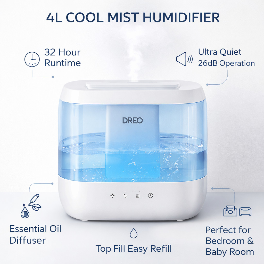 Humidifier for Bedroom, 4L Cool Mist Top-Fill Ultrasonic Humidifiers, Essential 