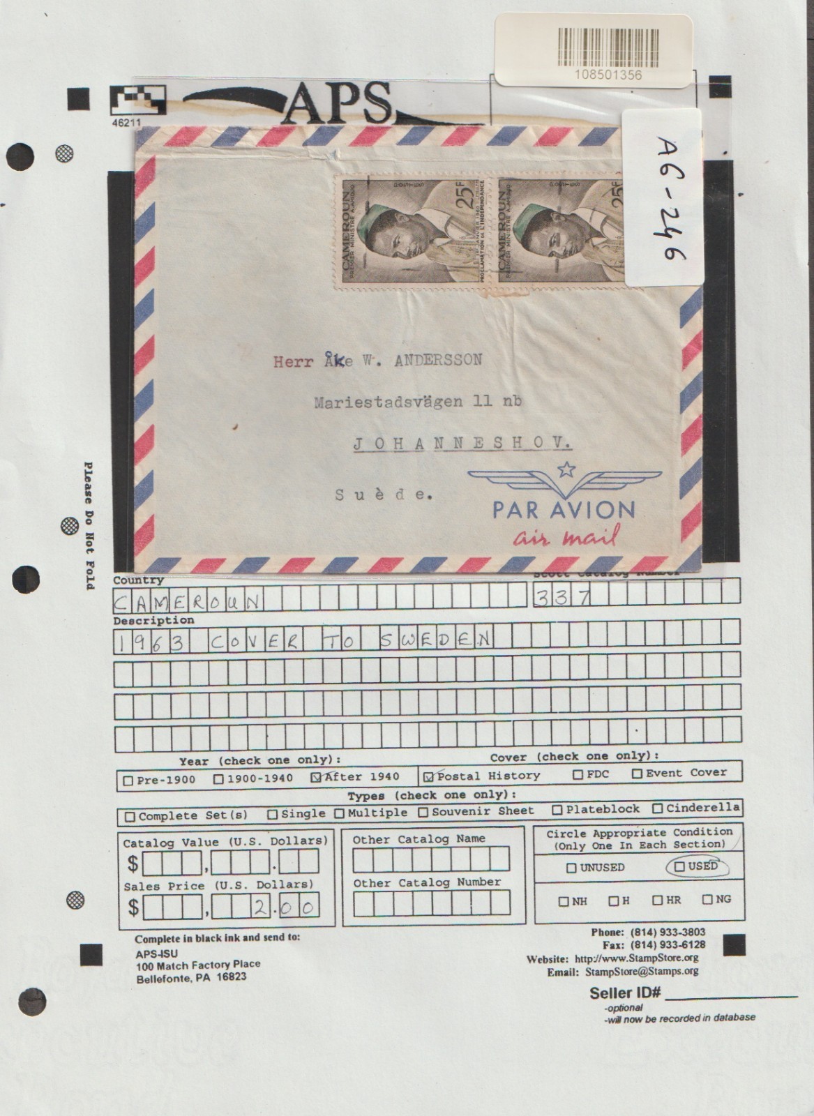 JN Cameroon 1963 cover to Sweden