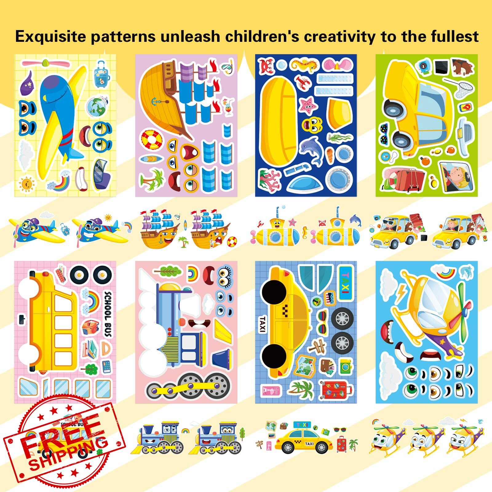 24 Sheets Transportation Stickers Kids DIY Cars Planes Trains