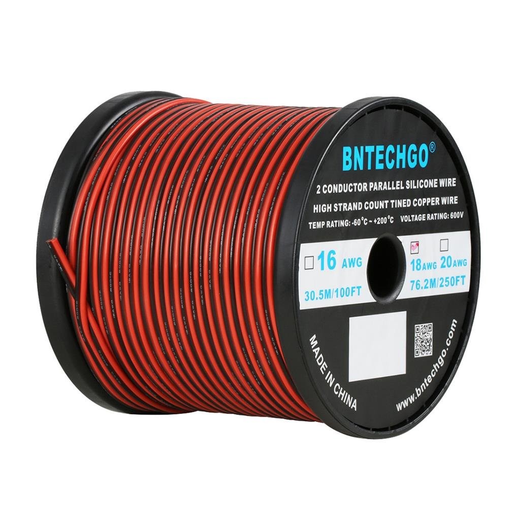 BNTECHGO 18 Gauge Flexible 2 Conductor Parallel Silicone Wire Spool Red Black Hi