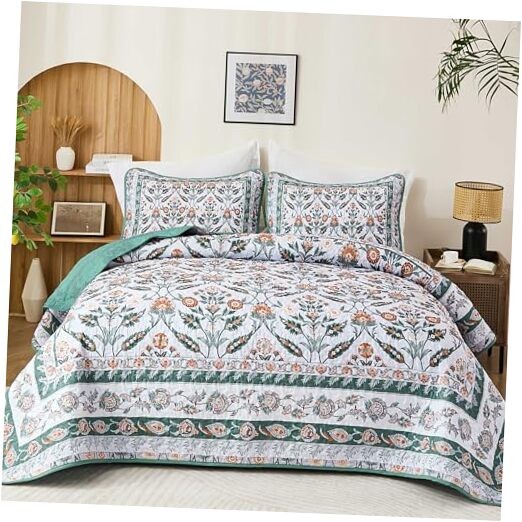  Size Quilt Sets Floral Quilt Set 3 Pieces Boho Bedspread Coverlet Queen Green