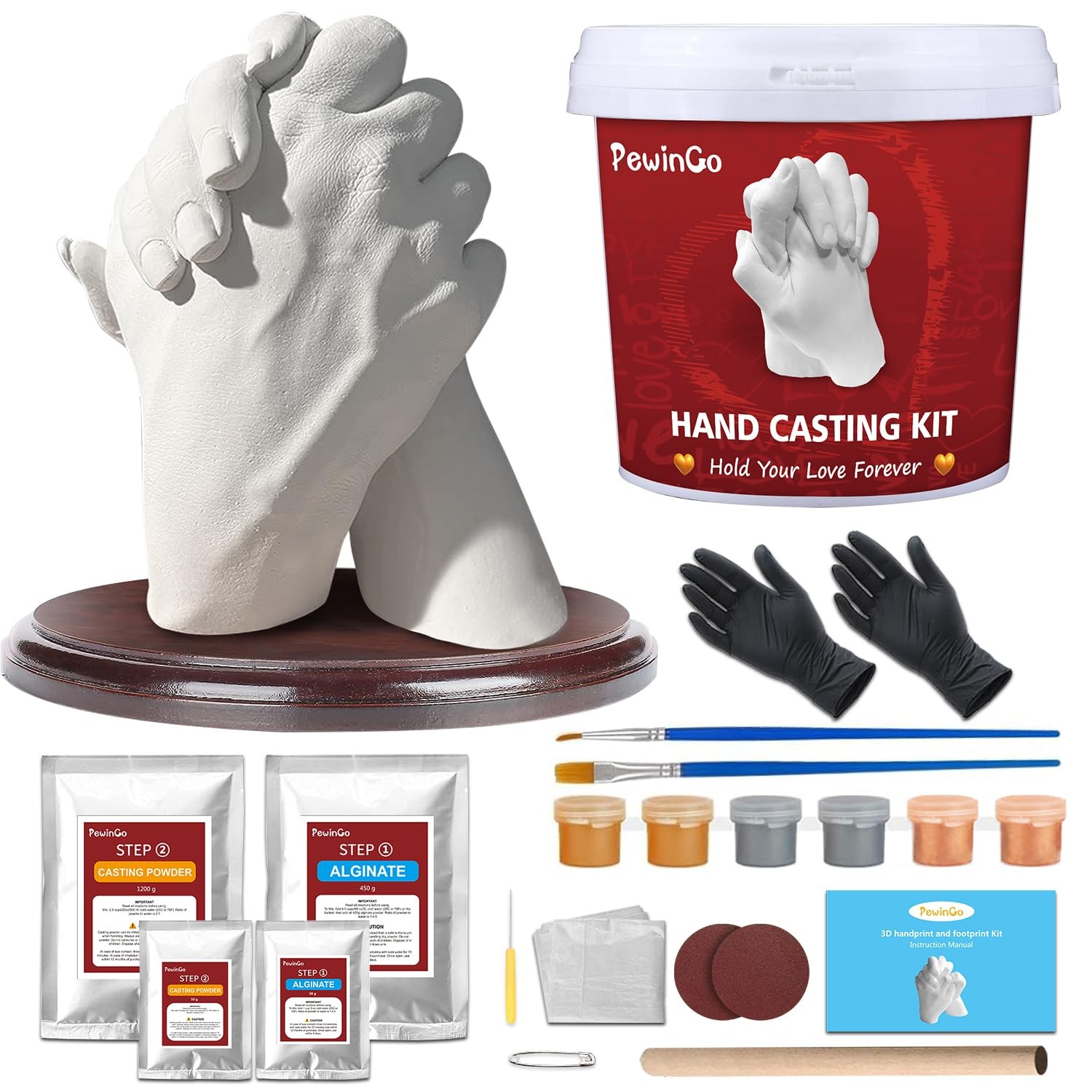 PewinGo Hand Casting Kit With Base - DIY Plaster Mold COUPLE HANDS KIT, White 