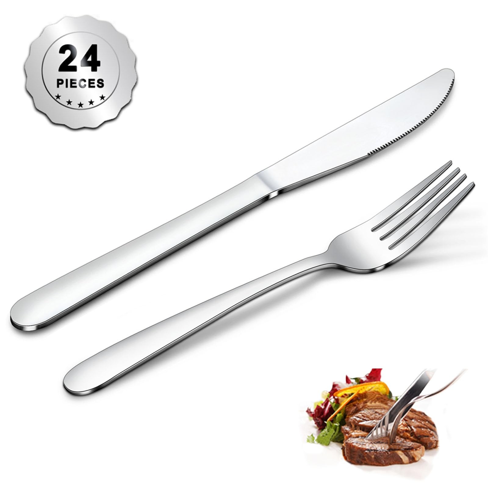 24 Pieces Forks and Knives Set, Food Grade Stainless Steel 24PCS, Silver 
