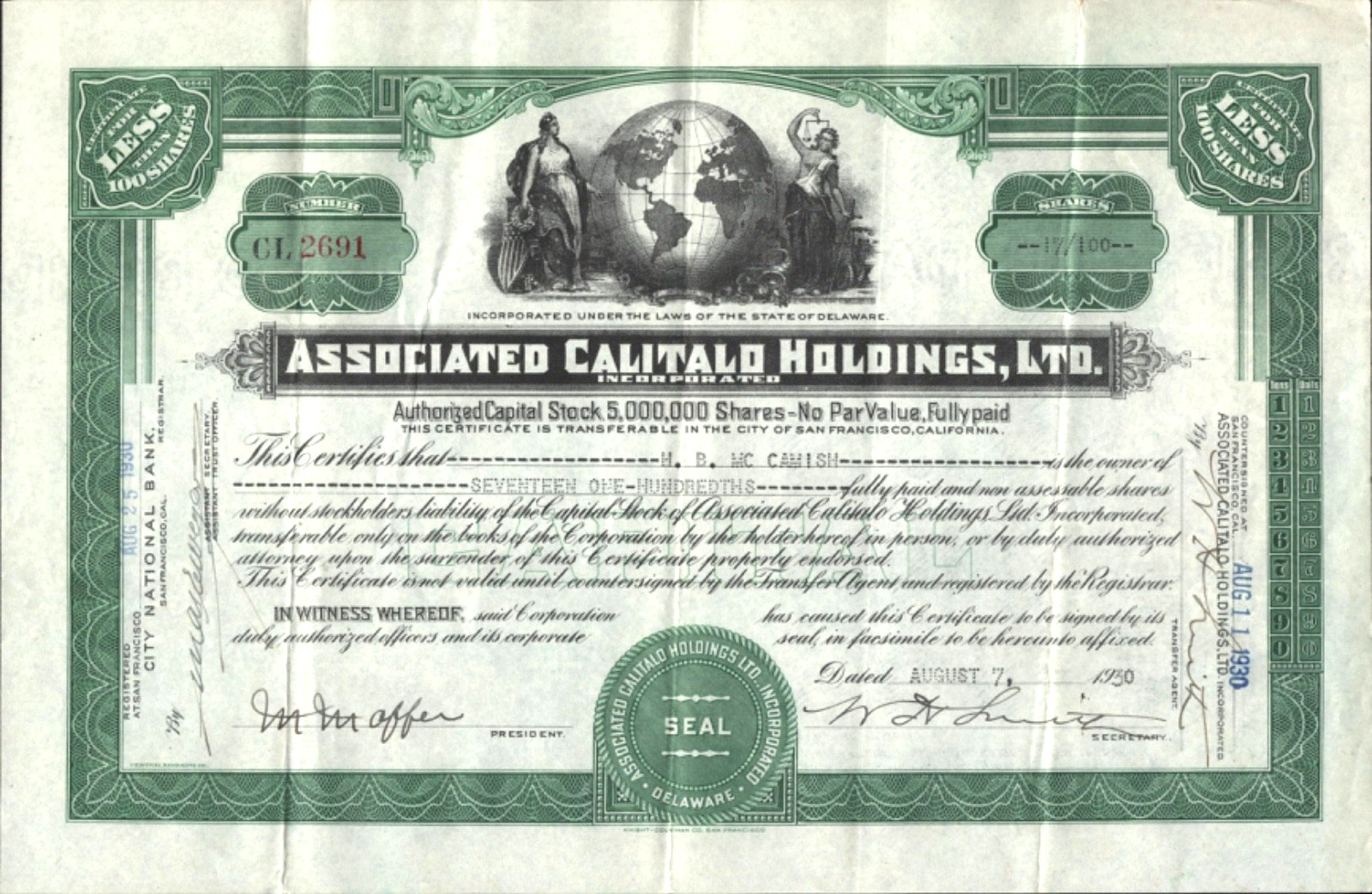 1930 ASSOCIATED CALITALO HOLDINGS, LTD. scarce vintage stock certificate CL-2691