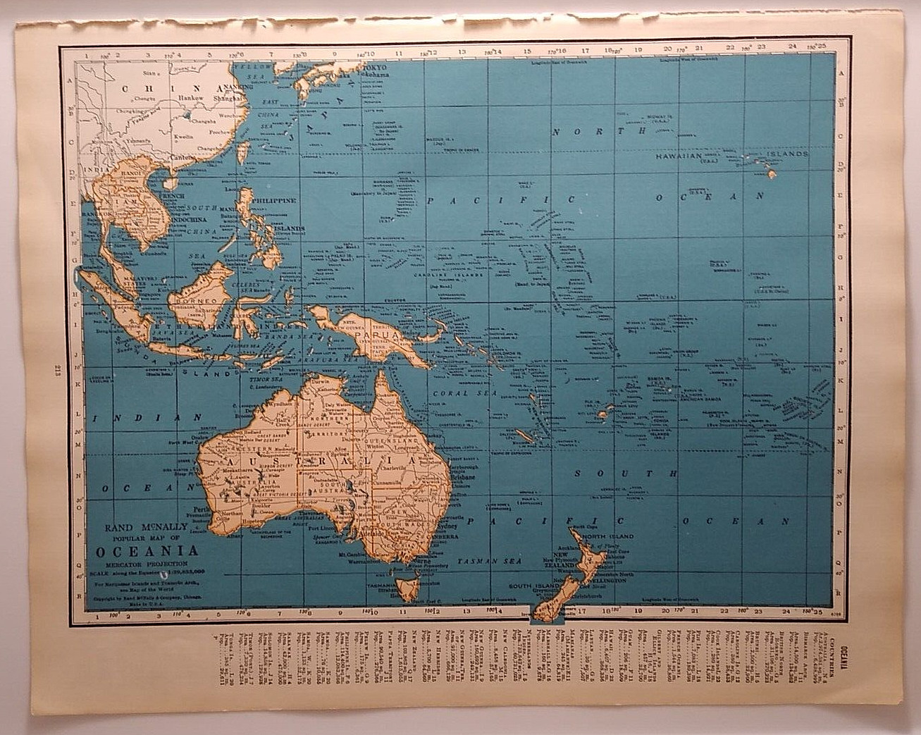 1937 Antique OCEANIA Authentic Old Atlas Map - Rand McNally World Atlas