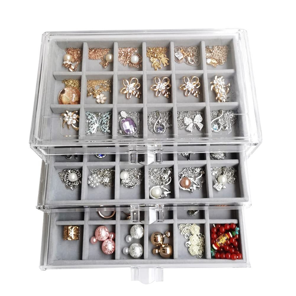 Earring Organizer Box Acrylic Jewelry Organizer with 3 Drawers 54 Adjustable ...