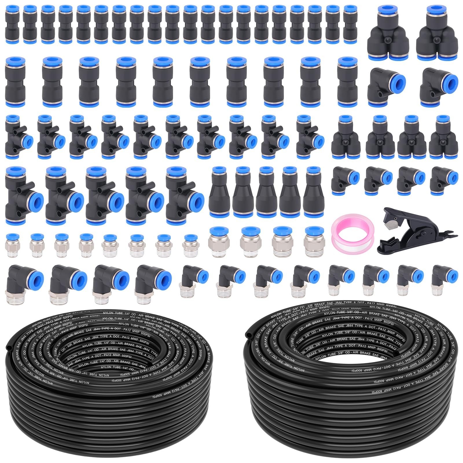 90 Pcs Air Line Kit with Quick Connect Air Fittings Kit 2 Roll 100FT 1/4" & 3/8"