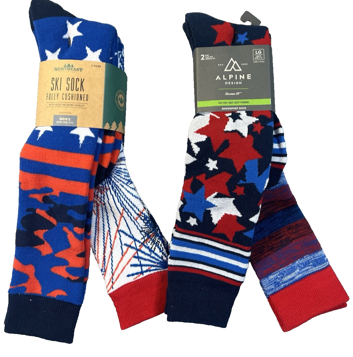 4 Pair USA olympics  RED WHITE BLUE Alpine Design Mens Ski Snow Socks LG 8-13