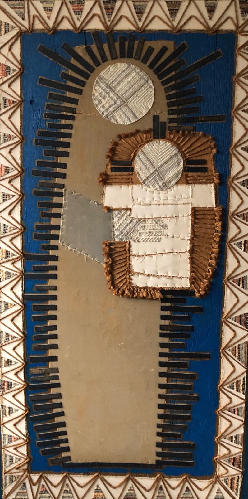 Vintage Abstract Virgin Mary Jesus Mixed Media Wall Hanging Modern Fiber Art