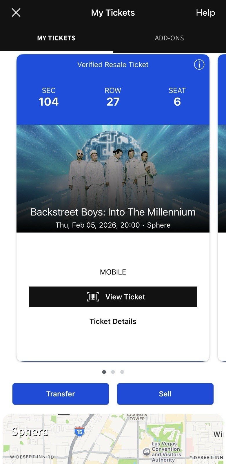 Backstreet Boys Millennium ONE Ticket Sphere Las Vegas February 5 Sec 104 Row 27