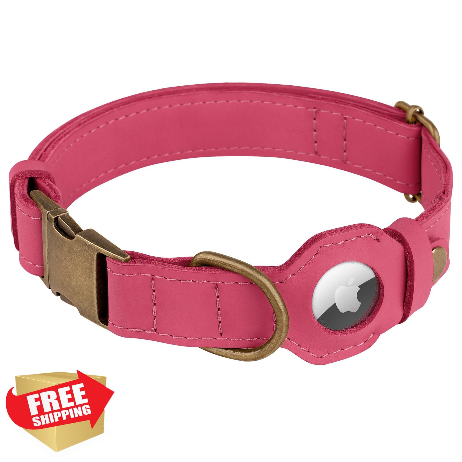 BUDKAS AirTag Dog Collar Leather, Pink M, GPS Tracker, Genuine Leather