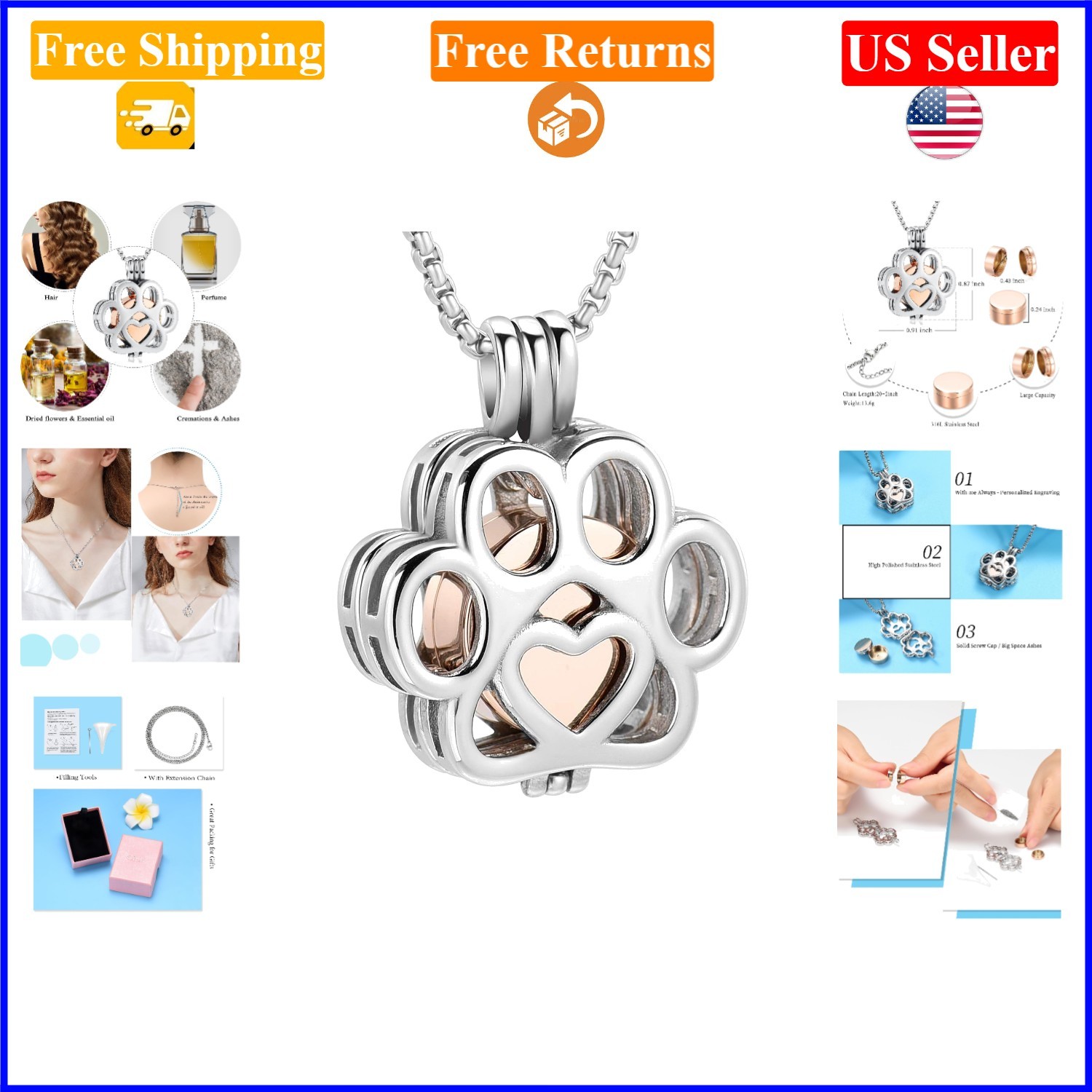 Pet Cremation Jewelry Urn Necklace for Dog & Cat Ashes, Silver-Rose Gold