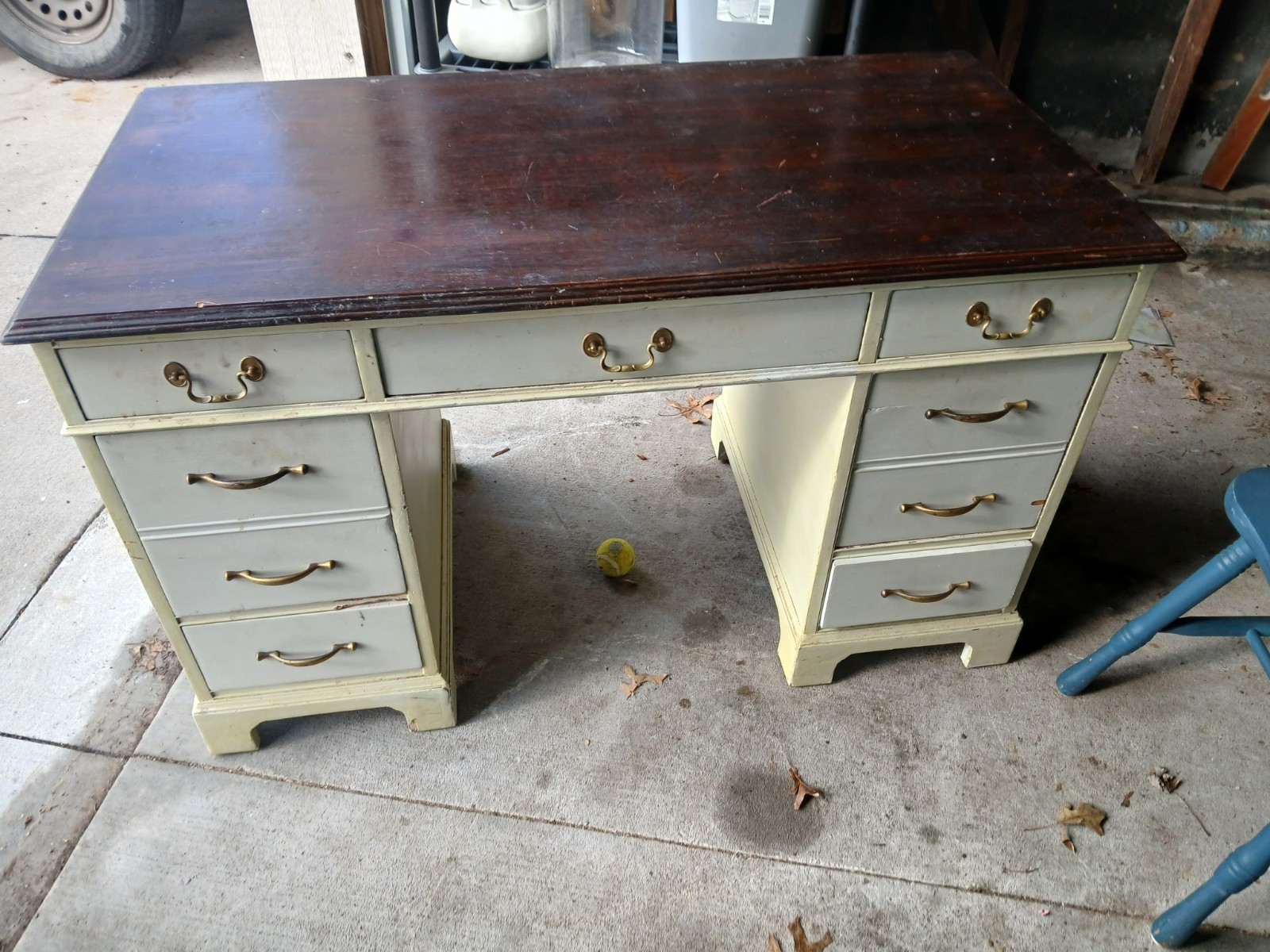 Antique Walnut Finish Wooden Desk, 7 Drawers, Cream Brown, Brass Handles
