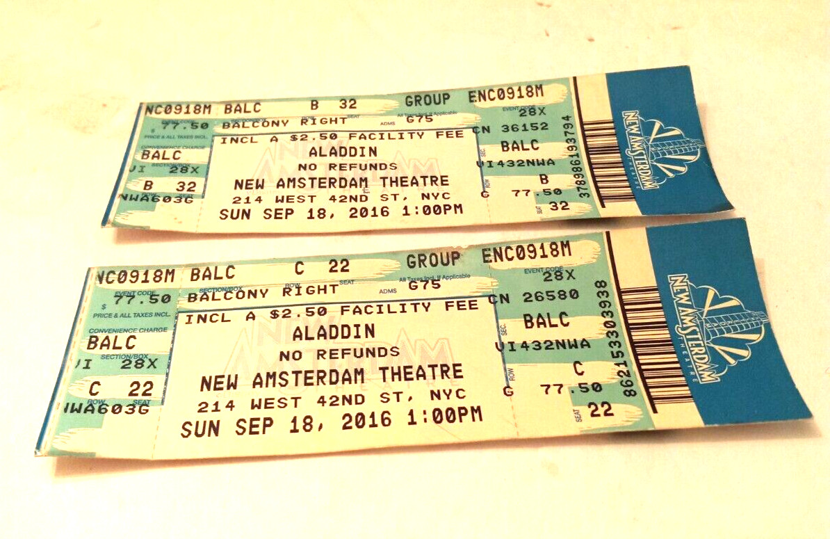 DISNEY ALADDIN NEW AMSTERDAM THEATRE NEW YORK 2 TICKETS 2 SHOWBILL SEPT 18 2016